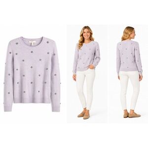 Joie Sweater‎ XS Lavender Crystal Preppy Floral Embellished Crewneck Long Sleeve